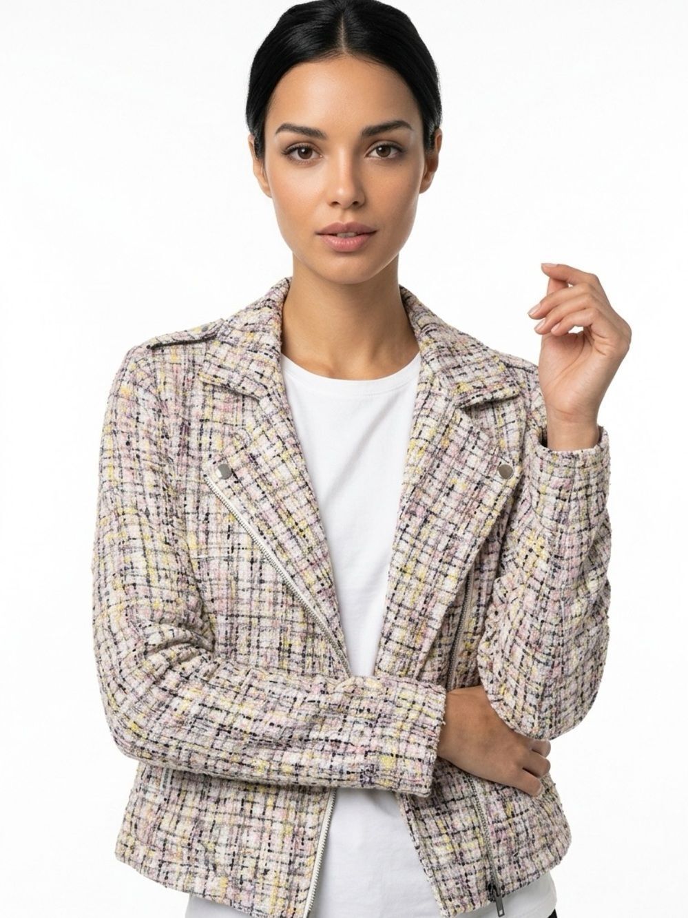 CATO | Tweed Moto Style Zip Front Jacket White & Multicolor Women’s Size Medium